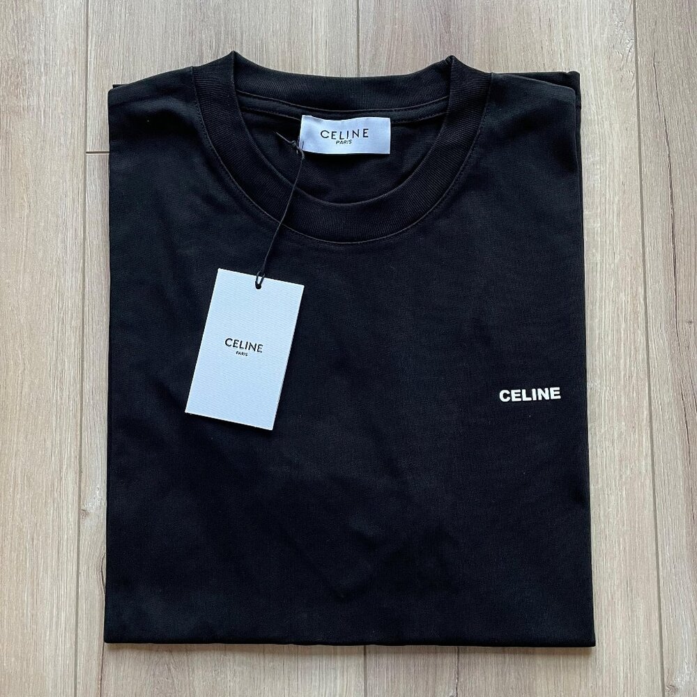 Large Celine Men's Logo Basic Cotton Black T-Shirt Relaxed Fit Short Sleeve